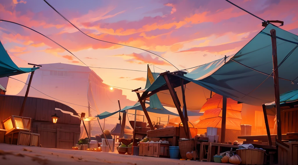 traditional market, (market tents), butchery, wooden boxes, wooden basket, strings, sand ground, dawn sky, early morning, low angle, 