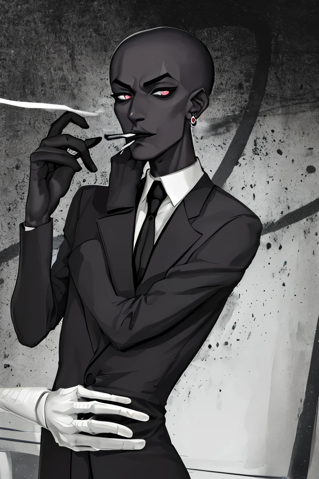 A thin man with black skin, secret agent with a cigarette in his mouth, earrings in ear,