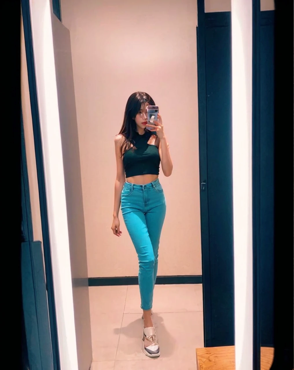 8k, best quality, masterpiece, highly detailed, semi realistic, a girl, a girl, 20 years old, looking at hands, long dark brown hair with bangs, curly hair, green eyes, black Japanese style bra, white bikni , bare shoulders, golden details, thin figure, cold expression, battle scenes, outdoors, forest background, with many trees and dark sky