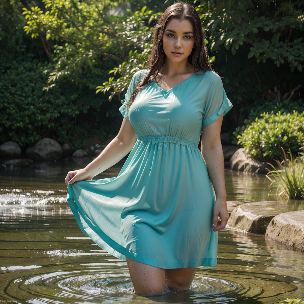 WhiteWetWear woman in a green dress standing in a body of water, slightly fatty, gorgeous woman, very beautiful elven top model, teal tunic, gorgeous lady, closeup fantasy with water magic, stunning elegant pose, pale tunic, flowing dress, cute woman, beautiful female model, beautiful goddess, summer season, wearing a dress made of water, veridian dress, stunning woman, varied poses, rainfall, soaked, dripping wet, sunlight