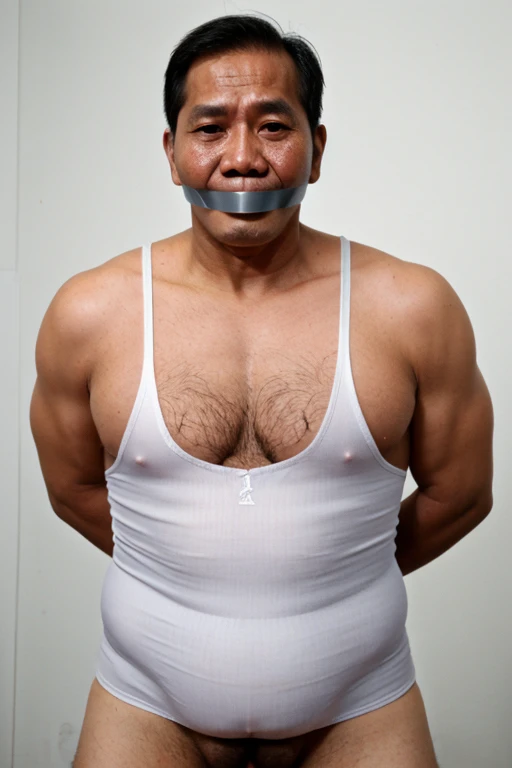 Old malay men,tape gag ,hairy chest, white men singlet, chubby