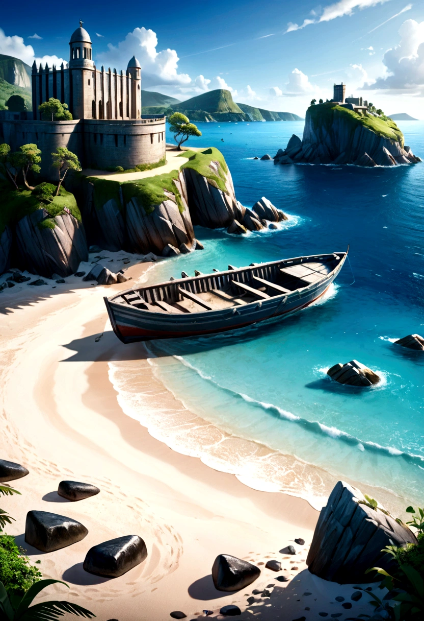boat on a beach hidden behind some stones, the beach is on an island with a prison