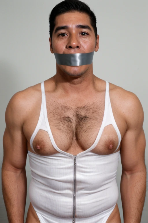 Old latino men,tape gag ,hairy chest, white men singlet, 