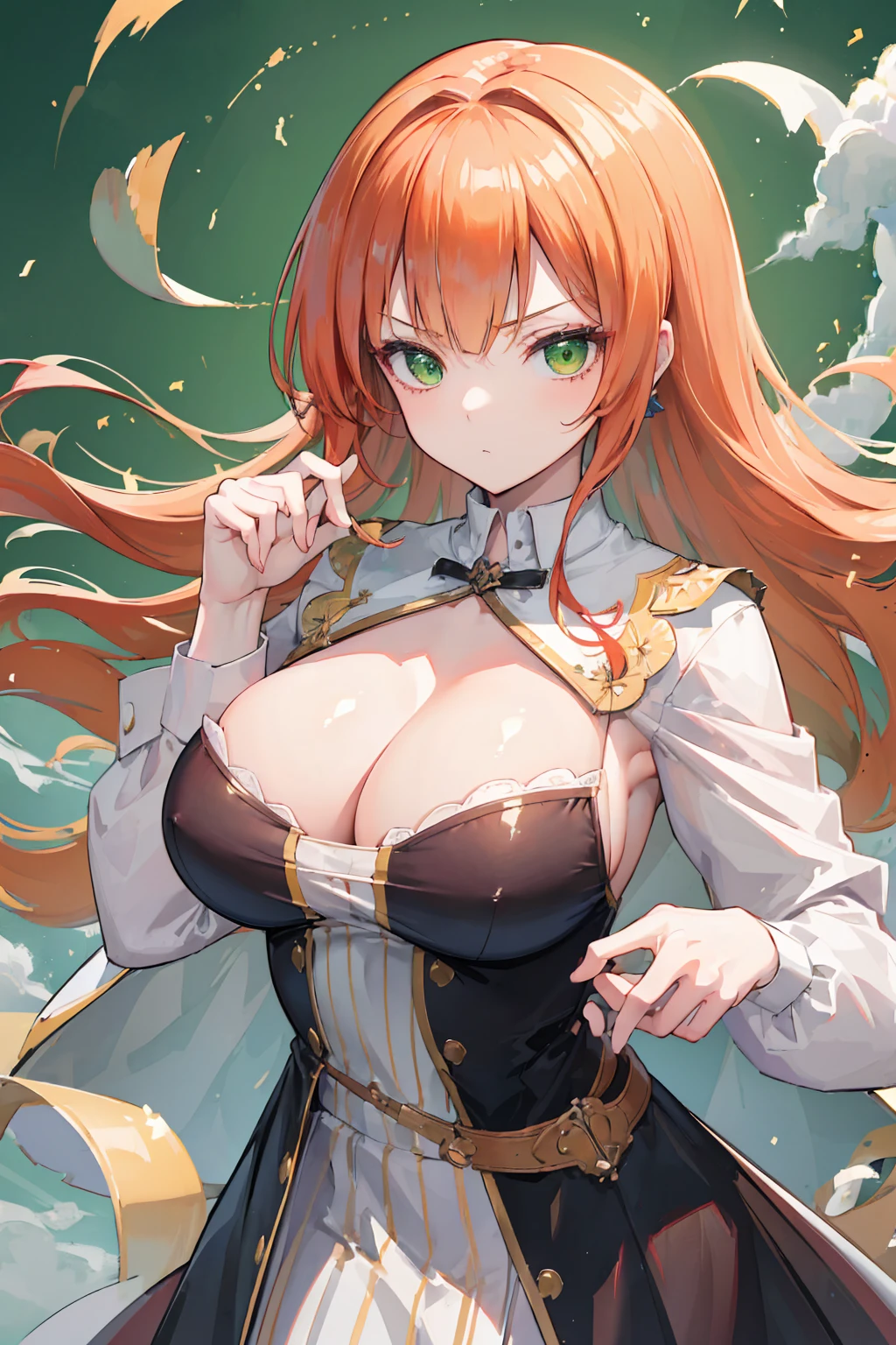 (masterpiece, highest quality:1.2), highest quality, masterpiece, high resolution, Anime style, portraiture, long hair, ash ginger hair, redhead hair, oversized coat, right green eyes, ((big breasts, huge breasts, large breasts, ample breasts)), magic, magic square, magician, almond-shaped eyes, in a bad mood