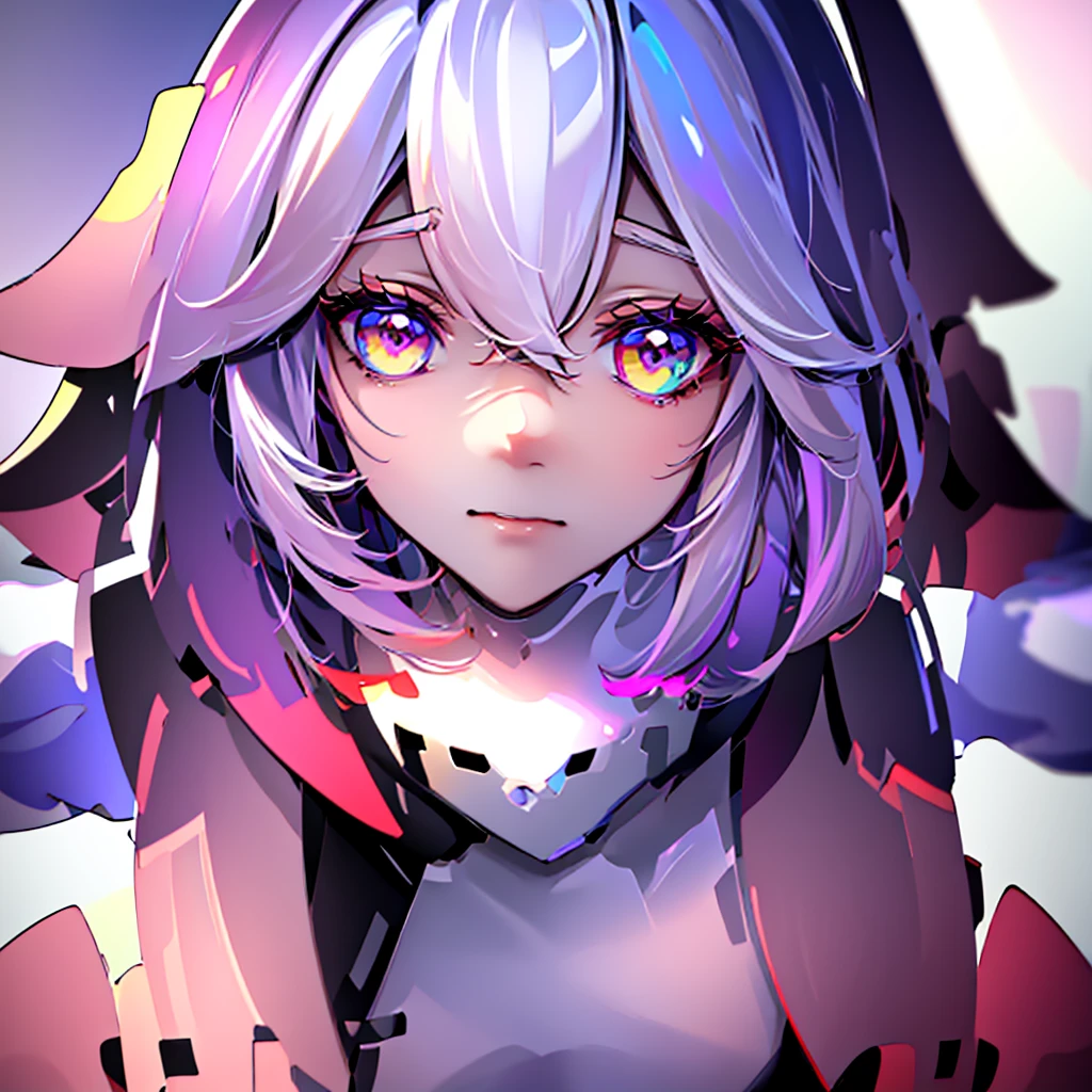 {{masterpiece}}, best quality, extremely detailed CG unity 8k wallpaper, cinematic lighting, lens flare, beautiful detail eyes, black, side glance, multicolor short blonde hair, colorful light, particles, heterochromia, (colorful:1.5), (colorful hair:1.5), Wears white bikini, rooftop background,