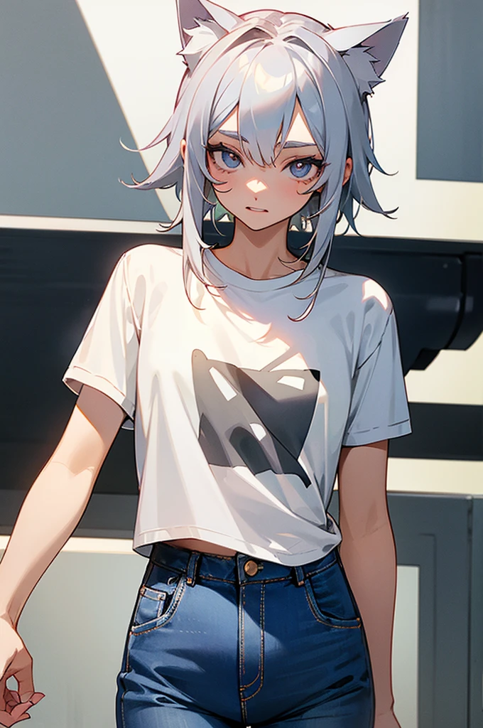 Silver Hair Cat ear White T-shirt jeans cute Companion-like appearance Double eyelids The corners of the mouth are turned up A few teeth are visible