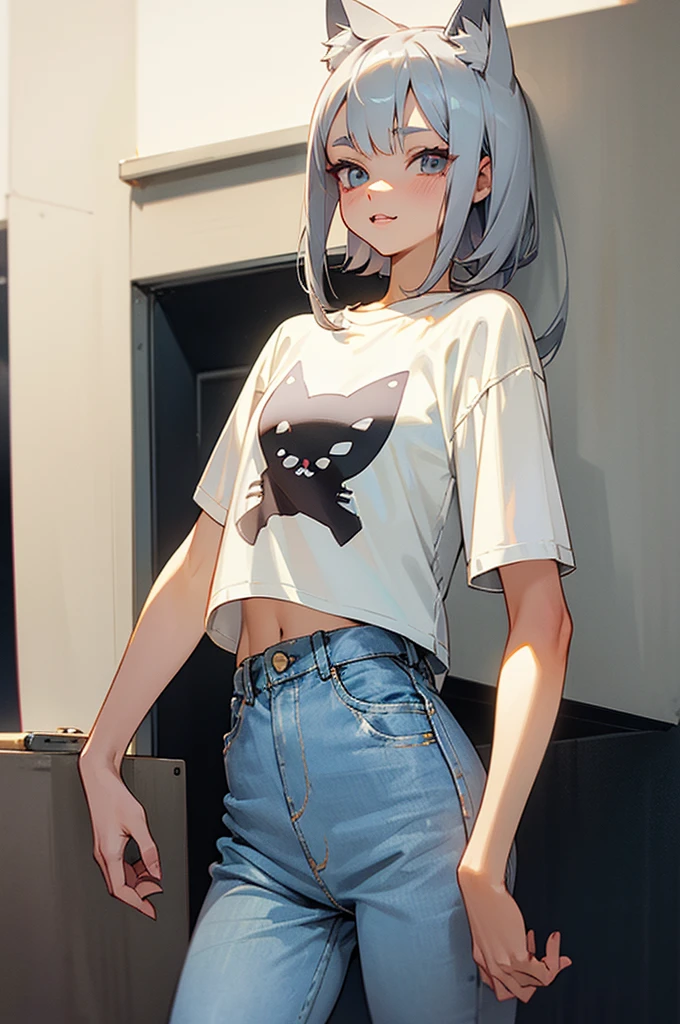 Silver Hair Cat ear White T-shirt jeans cute Companion-like appearance Double eyelids The corners of the mouth are turned up A few teeth are visible