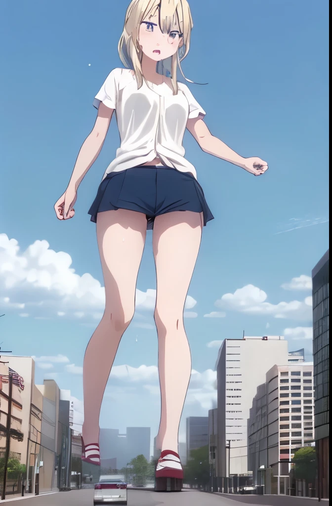 Long legs, Sweat,yagamikou,Urban Background,fullbody,,A woman bigger than the city,,bluesky