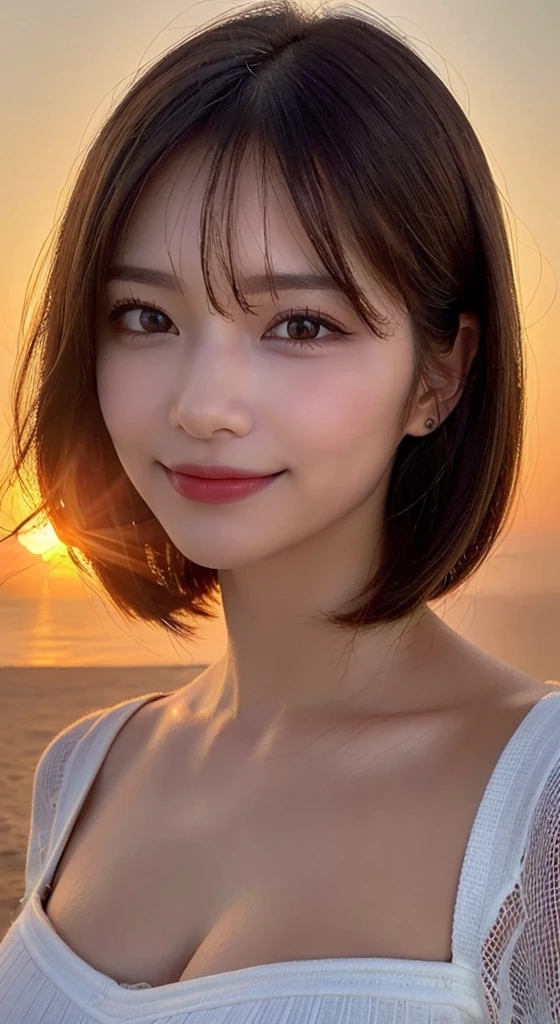 Body Portrait, 8k, Narrow and beautiful eyes, Dindal effect, masterpiece, 最high quality, high quality, High resolution, Highly detailed photos, (Natural skin texture, Fine skin, Hyperrealism, Ultra Sharpness), Skin with attention to detail, (Very fine, Fine skin texture, Intricate details, Beautiful Face, (Realistic Face), Realistic eyes, Beautiful and detailed eyes, Realistic Skin, Beautiful Skin, Surreal, seaside, Smiling Eyes, Body Portrait, G-Cup, Big Breasts, Huge breasts, Big Breasts, glamorous, ((Sunrise Time:1.4)),