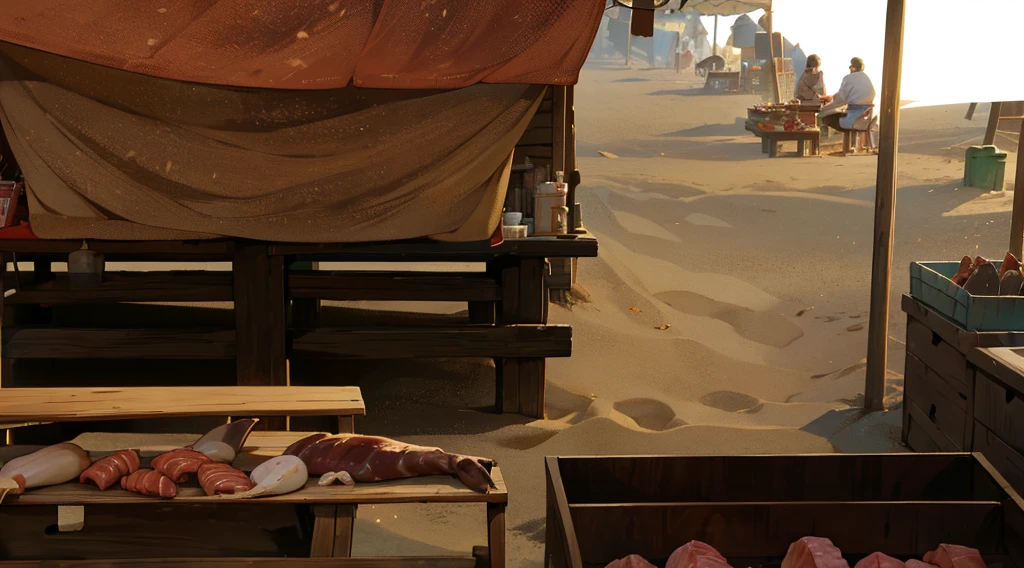 traditional market, market stall, (market tens), (they sell human flesh, chopped hand and feet, human meats), sellwooden box, wooden table, (sand ground, sand hill behind the stall), dawn time, early morning, 