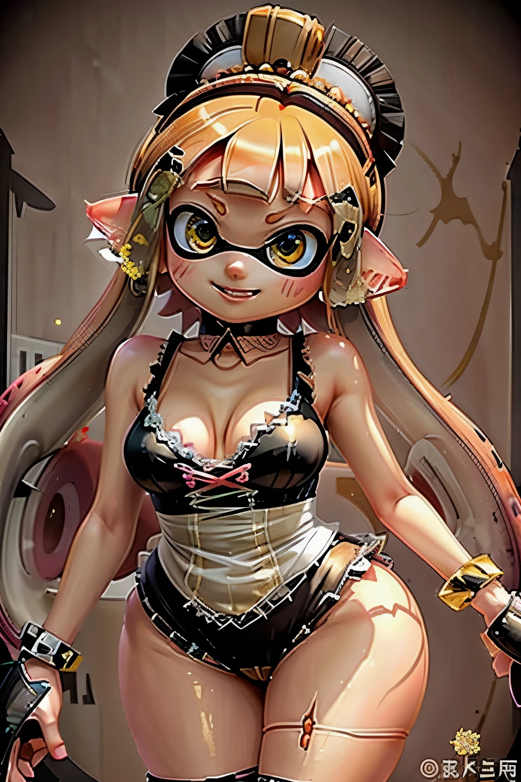 masterpiece、Highest quality、High resolution、(Real Anime)、3d、Source, (One Splatoon girl)、Golden tentacle hair、Golden Eyes、Big and cute eyes,blush、Red plump lips、smile、gigantic breast、Cleavage、 From below 、One-frame comic situation photo、