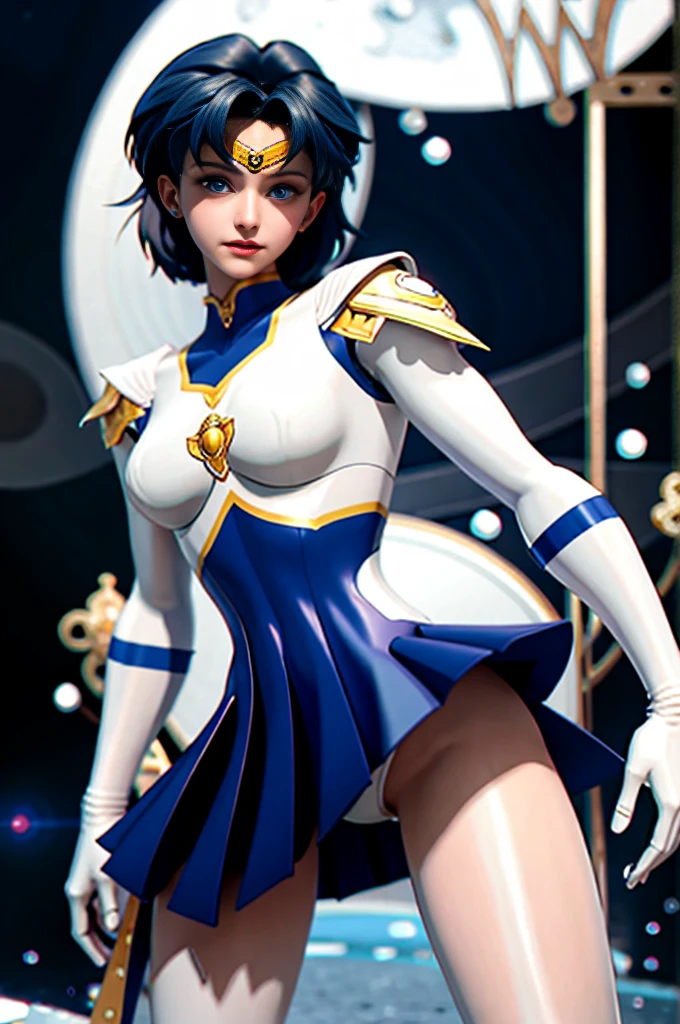 full: 1.3, stand, Tabletop, 3d, Realistic, Ultra-microphotography, Highest quality, Ultra high definition CG Unity 8k wallpaper, (Mel 1, Tierra, Sailor Warrior Uniforms, White gloves, Blue sailor collar, Blue Skirt, Sailor Warrior Uniforms: 1.2, Sailor Mercury: 1.3, Meishaon), From below, Intricate details, (1 female), 19 years old, short hair, 浮かぶ青いshort hair: 1.2, Sailor Warrior Uniformsが公開, Sexy pleated mini skirt in shiny blue color: 1.3, ((A very large blue ribbon in the center of the chest,,,: 1.3, Golden tiara on the forehead: 1.2, Blue gloves on elbows: 1.2, Exposing the upper arm: 1.1, Long knee high boots in shiny blue enamel、Luxurious gold decoration: 1.3, Saturated, broad blue, Saturated Blue Sailor Color, Luxurious gold decorationが施された長い白いラテックス手袋: 1.3, A very large blue ribbon on the back of the waist,,,: 1.1, Blue choker, The cleavage is bold, large and sexy: 0.6)), (Ultra-thin, high-gloss white holographic leather: 1.3), White silver high leg cut swimsuit,Blue star-shaped earrings, Parted bangs, ((Captivating smile, Very cute face, Facial details: 1.5, Bright Blue Eyes, Beautiful Face, Beautiful Eyes, Shining Eyes, Thin lips: 1.3, Thin, sharp, pale eyebrows, Long, black eyelashes, Double eyelashes)), Luxury gold jewelry, ((Combat Stance)), Huge splash wing, Lean and muscular muscles, Muscular Abs, Small Face, Big Breasts, Perfect proportions, Narrow waist, Sexy model posing, Visible pores, Perfect hands: 1.5, Octane Rendering, A very dramatic picture, Strong natural light, sunlight, Exquisite lighting and shadows, Dynamic Angle, DSLR Harp, concentrated: 1.0, Maximum clarity and sharpness, (Water Divinity: 1.1, Splash space background, Dynamic water background, Water on Earth: 1.2, Water hair, Water bubbles, Dynamic Frame, Mercury, moonlight, moon, Dynamic Background, Detailed Background)),(mecha musume)