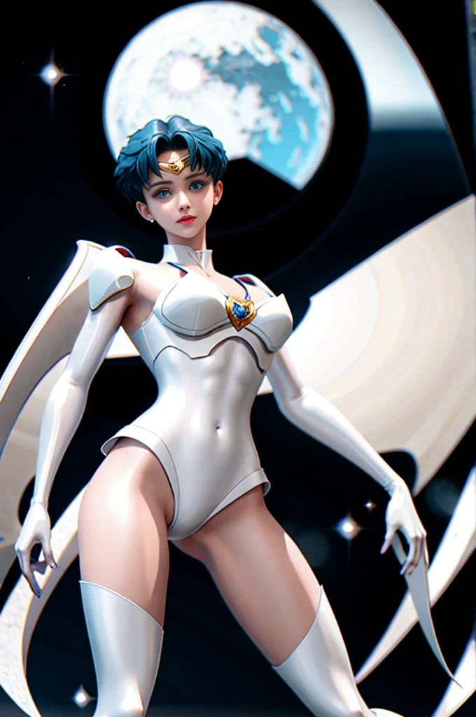 full: 1.3, stand, Tabletop, 3d, Realistic, Ultra-microphotography, Highest quality, Ultra high definition CG Unity 8k wallpaper, (Mel 1, Tierra, Sailor Warrior Uniforms, White gloves, Blue sailor collar, Blue Skirt, Sailor Warrior Uniforms: 1.2, Sailor Mercury: 1.3, Meishaon), From below, Intricate details, (1 female), 19 years old, short hair, 浮かぶ青いshort hair: 1.2, Sailor Warrior Uniformsが公開, Sexy pleated mini skirt in shiny blue color: 1.3, ((A very large blue ribbon in the center of the chest,,,: 1.3, Golden tiara on the forehead: 1.2, Blue gloves on elbows: 1.2, Exposing the upper arm: 1.1, Long knee high boots in shiny blue enamel、Luxurious gold decoration: 1.3, Saturated, broad blue, Saturated Blue Sailor Color, Luxurious gold decorationが施された長い白いラテックス手袋: 1.3, A very large blue ribbon on the back of the waist,,,: 1.1, Blue choker, The cleavage is bold, large and sexy: 0.6)), (Ultra-thin, high-gloss white holographic leather: 1.3), White silver high leg cut swimsuit,Blue star-shaped earrings, Parted bangs, ((Captivating smile, Very cute face, Facial details: 1.5, Bright Blue Eyes, Beautiful Face, Beautiful Eyes, Shining Eyes, Thin lips: 1.3, Thin, sharp, pale eyebrows, Long, black eyelashes, Double eyelashes)), Luxury gold jewelry, ((Combat Stance)), Huge splash wing, Lean and muscular muscles, Muscular Abs, Small Face, Big Breasts, Perfect proportions, Narrow waist, Sexy model posing, Visible pores, Perfect hands: 1.5, Octane Rendering, A very dramatic picture, Strong natural light, sunlight, Exquisite lighting and shadows, Dynamic Angle, DSLR Harp, concentrated: 1.0, Maximum clarity and sharpness, (Water Divinity: 1.1, Splash space background, Dynamic water background, Water on Earth: 1.2, Water hair, Water bubbles, Dynamic Frame, Mercury, moonlight, moon, Dynamic Background, Detailed Background)),(mecha musume)