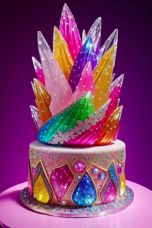 There is a cake with crystals of various colors on it., With a sparkling jewel on top, Made of sweets, Made of multicolored crystals, cake art, Everything is made of candy, intricate crystal jelly ornate, ❤🔥🍄🌪, Made of crystal, Encrusted with jewels, 8K)), cake sculpture, jelly - like texture