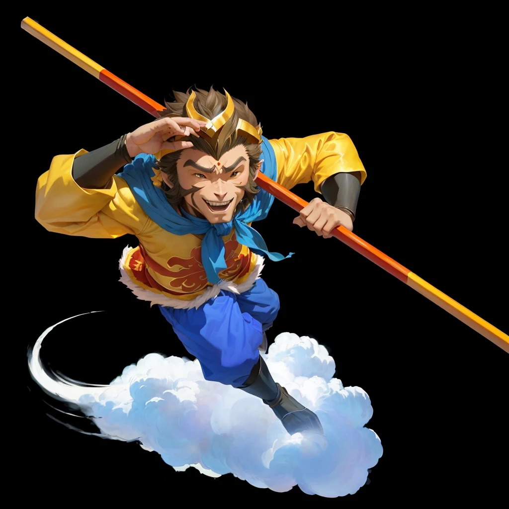 A cartoon image of a man flying in the air holding a pole, sun wukong, wukong, Sun Wukong, Humanoid monkey fantasy race, Official Character Art, Inspired by Hu Zaobin, The character is flying, Headquarters Artwork, Akira in Chinese mythology, hold head high, kazuma kaneko, Journey to the West, mana in the air, Official Art