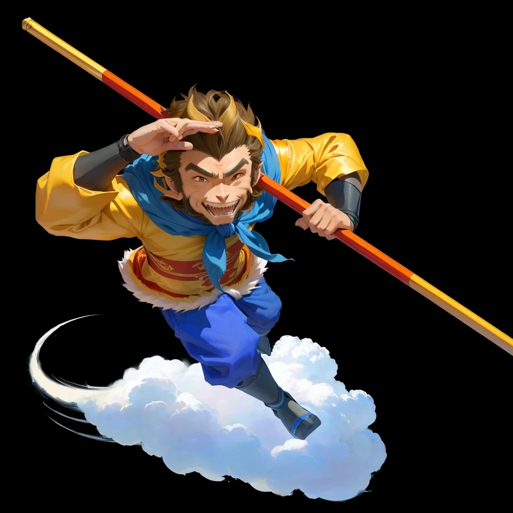 A cartoon image of a man flying in the air holding a pole, sun wukong, wukong, Sun Wukong, Humanoid monkey fantasy race, Official Character Art, Inspired by Hu Zaobin, The character is flying, Headquarters Artwork, Akira in Chinese mythology, hold head high, kazuma kaneko, Journey to the West, mana in the air, Official Art