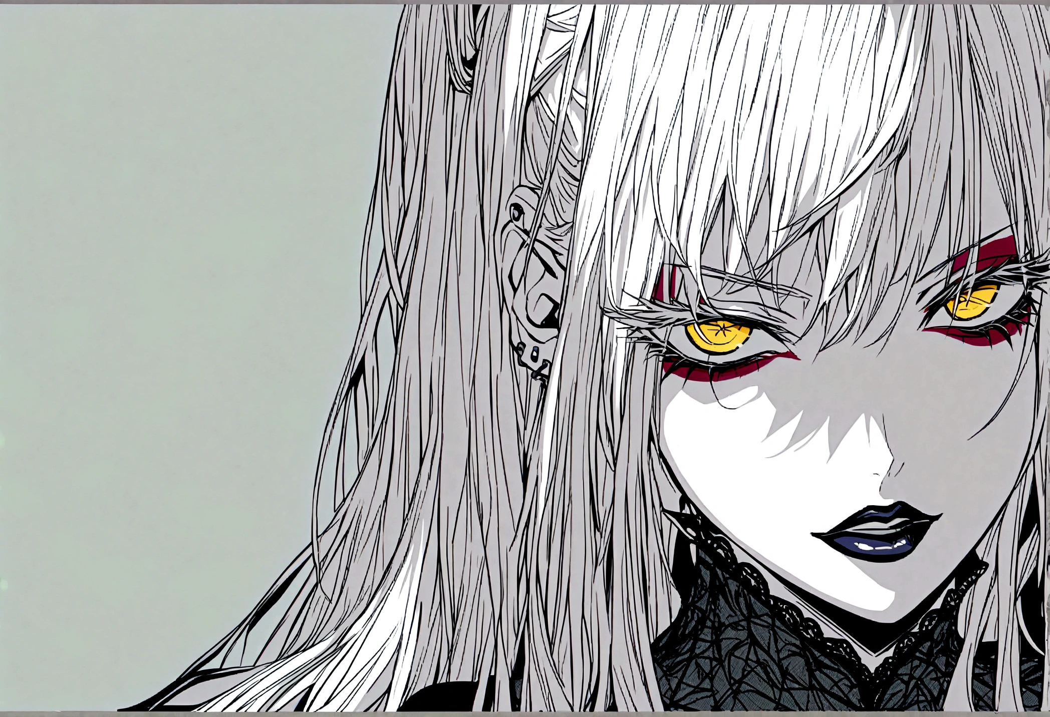 - **white  hair**: She will have long white hair.
- **seductive makeup**: Your lips will be red like blood, and your eyes highlighted with eyeliner and mysterious shadows.
- **yellow  eyes**:eyes with pointed pupils , yellow and mesmerizing.
- **Knotted hair**: She will tie part of her hair into a loose bun.
- **sensual clothes**: A lacy bra and short shorts, revealing your pale skin.
- **modern makeup**: She will wear dark lipstick and long eyelashes, enhancing his piercing gaze.

Here is the 2D anime style vampire I created for you: ![A vampire](sandbox:/graphic_art_prompt_1) 🌟