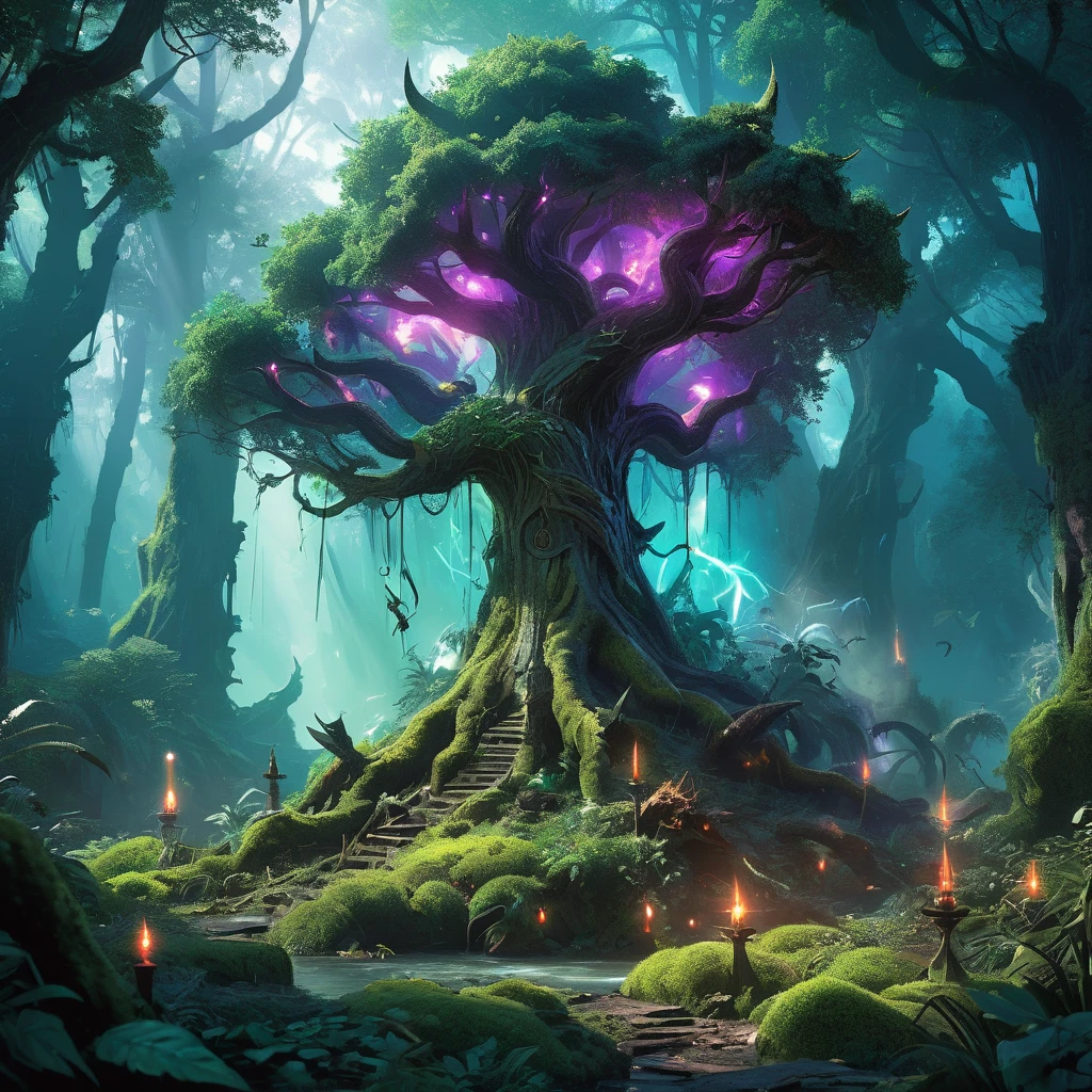 Envision a medieval fantasy claw weapon lying partially hidden among the roots of an ancient tree in a dense, enchanted forest. The weapon, resembling a gauntlet with elongated, razor-sharp claws, is crafted from dark, polished metal inlaid with glowing, mystical runes. The claws themselves glisten with a faint, otherworldly light, suggesting they are imbued with potent magic. Surrounding the weapon, the forest floor is covered in lush moss and vibrant, luminescent flora, while the air is filled with the soft sounds of rustling leaves and distant, magical creatures. Capture the sense of discovery and danger as this formidable claw weapon lies waiting in the heart of the mystical forest, hinting at the ancient power it holds and the legendary battles it once fought."