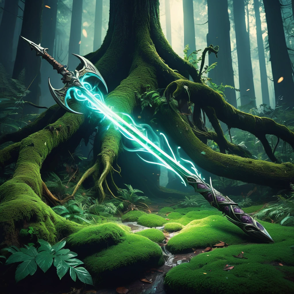Envision a medieval fantasy claw weapon lying partially hidden among the roots of an ancient tree in a dense, enchanted forest. The weapon, resembling a gauntlet with elongated, razor-sharp claws, is crafted from dark, polished metal inlaid with glowing, mystical runes. The claws themselves glisten with a faint, otherworldly light, suggesting they are imbued with potent magic. Surrounding the weapon, the forest floor is covered in lush moss and vibrant, luminescent flora, while the air is filled with the soft sounds of rustling leaves and distant, magical creatures. Capture the sense of discovery and danger as this formidable claw weapon lies waiting in the heart of the mystical forest, hinting at the ancient power it holds and the legendary battles it once fought."