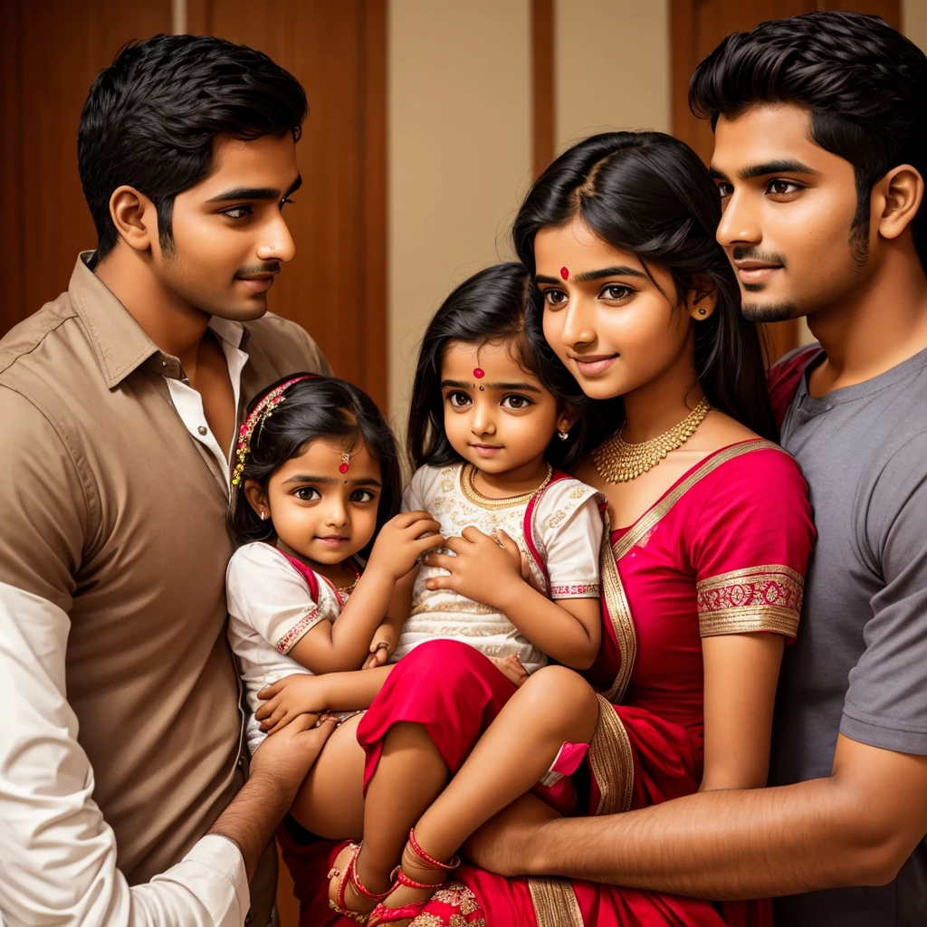 Beautiful young indian couple with their little daughter and a little baby