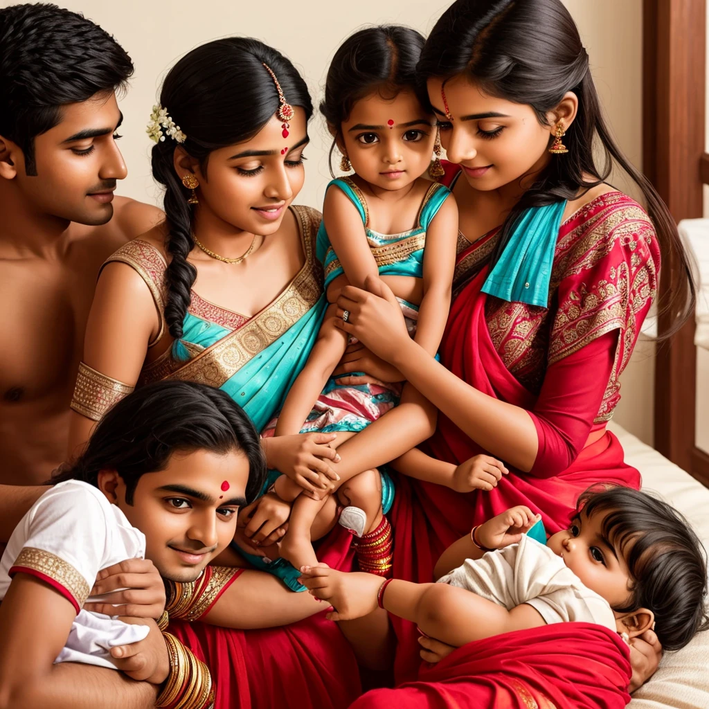 Beautiful young indian couple with their little daughter and a little baby
