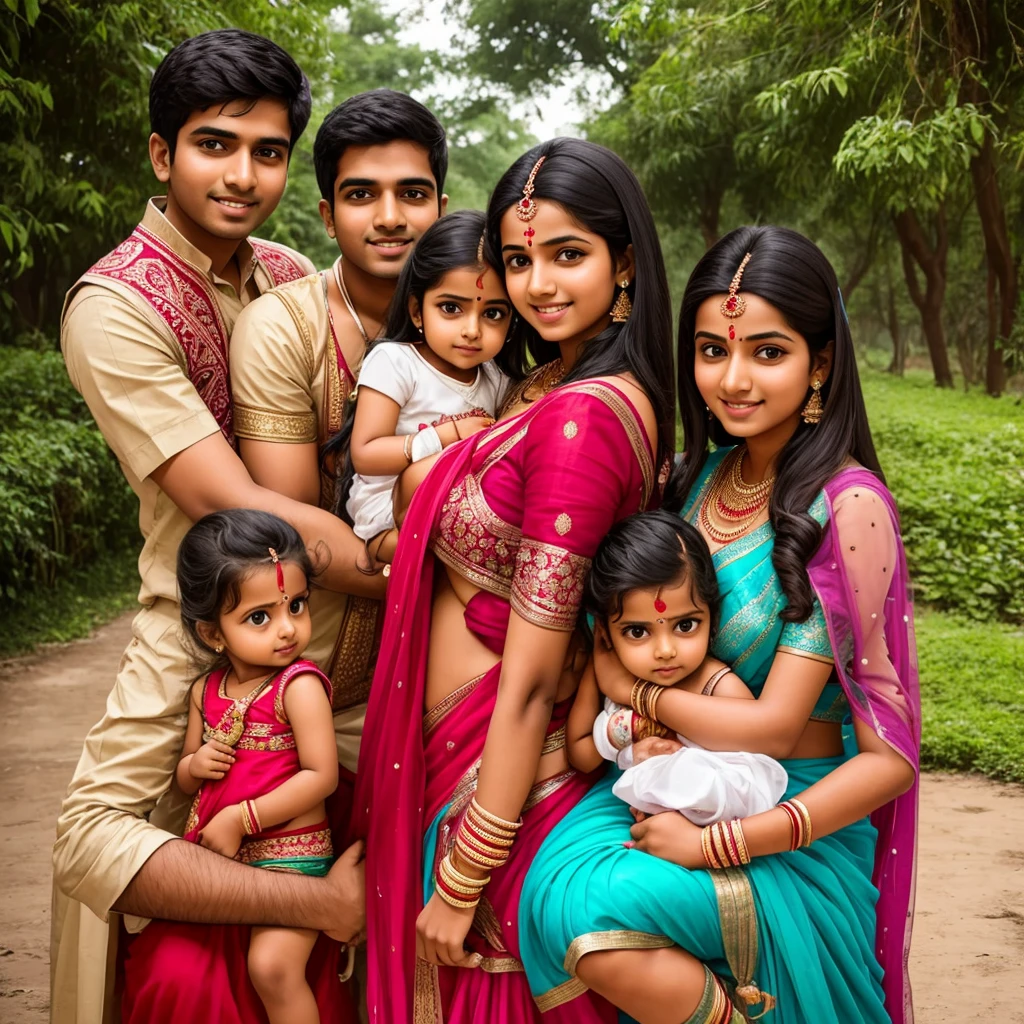 Beautiful young indian couple with their little daughter and a little baby