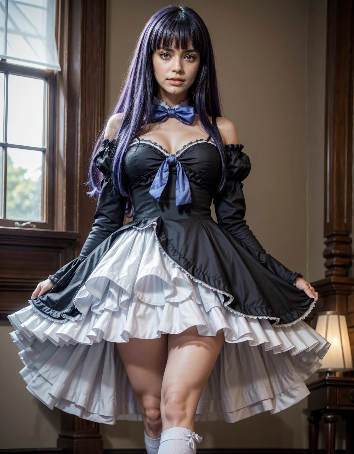1 chica, full body photography, athletic, strong woman body, slim woman body, bowtie, frills, black dress, puffy sleeves, short over long sleeves, long sleeves, deep-blue hair, long hair, frederica bernkastel, purple hair, dress, bowtie, mary janes, socks, cat tail, tail bow, tail ornament,
purple eyes, constituir, Volumetric lighting, Mejor calidad, obra maestra, detalles intrincados, mapeo de tonos, sharp focus, hiper detallado, tendencia en artstation, Realista, belleza de talla mundial, joy face, vista frontal, detailed background, centered photo, perfectly drawn hands, closed dress at chest