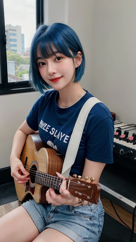 ((best quality)), photorealistic, photorealism, Photorealistic, high resolution, ((Wearing t shirt, short pants))、smile、A superb beauty、Super cute、ennui、Rare beauty、Very Short hair、Black Dark Eyeshadow、Sad、white skin、pale skin, Very short hair layered、Cute Makeup、Cute Smile、Fragrant beauty、Music studio background、Mastepiece、Best Quality、Refers to 5 books、Sweat glistening on my chest、Sweat glistening on my face、Medium breasts、Blue hair、Age 20 years old、Mysterious look、A sad expression、Blue Hair、Glamorous music studio、Sweating profusely all over the body、Plenty of sweat glistening on the thighs、A large amount of sweat glistens on my thighs、Sweating profusely、Gal、Medium breasts、Beautiful face、Alluring expression、Sitting、Sitting playing guitar、Thick thighs、Playing guitar、I have a guitar、Sing a song enthusiastically、Playing guitar in a band、Rock band、Playing guitar chords、Live House Background、Sing a song、Open your mouth、Live house scenery、Glamorous live stage、Dynamic Angle