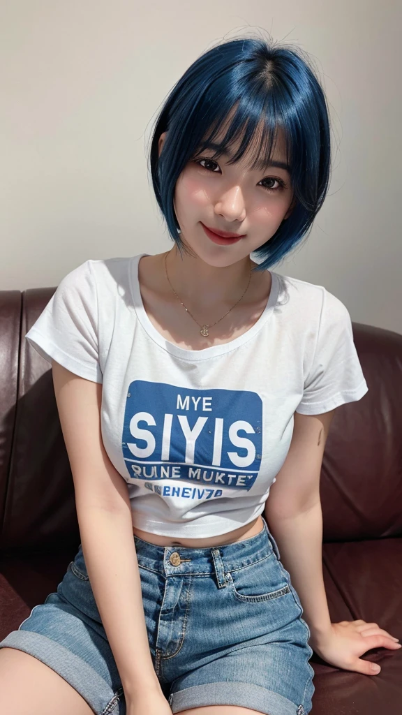 ((best quality)), photorealistic, photorealism, Photorealistic, high resolution, ((Wearing t shirt, short pants))、smile、A superb beauty、Super cute、ennui、Rare beauty、Very Short hair、Black Dark Eyeshadow、Sad、white skin、pale skin, Very short hair layered、Cute Makeup、Cute Smile、Fragrant beauty、Music studio background、Mastepiece、Best Quality、Refers to 5 books、Sweat glistening on my chest、Sweat glistening on my face、Medium breasts、Blue hair、Age 20 years old、Mysterious look、A sad expression、Blue Hair、Glamorous music studio、Sweating profusely all over the body、Plenty of sweat glistening on the thighs、A large amount of sweat glistens on my thighs、Sweating profusely、Gal、Medium breasts、Beautiful face、Alluring expression、Sitting、Sitting playing guitar、Thick thighs、Playing guitar、I have a guitar、Sing a song enthusiastically、Playing guitar in a band、Rock band、Playing guitar chords、Live House Background、Sing a song、Open your mouth、Live house scenery、Glamorous live stage、Dynamic Angle