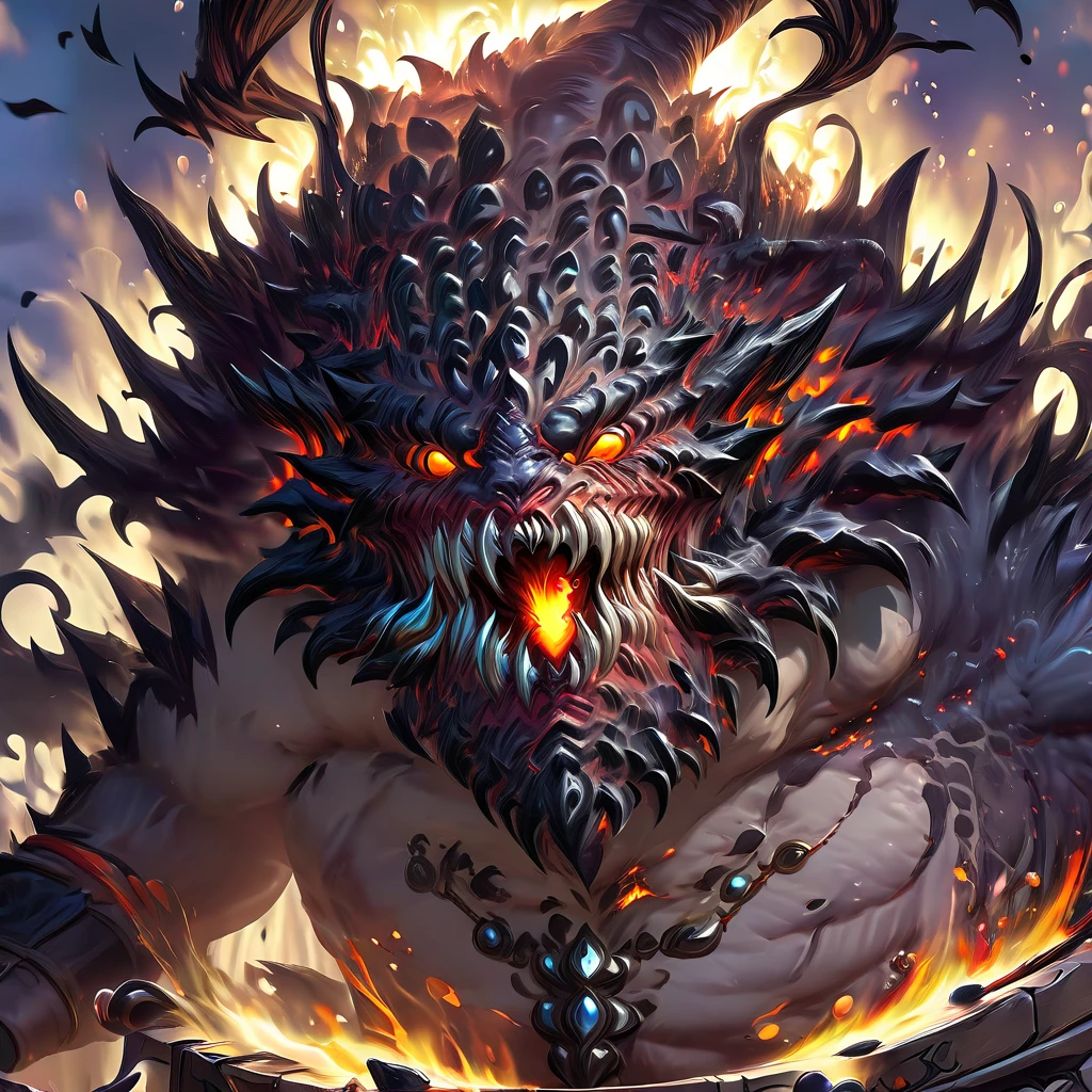 anime character with fire eyes and a devil like face, Full Art, From Hearthstone, Hearthstone card art, Collectible Card Art, Hearthstone card game artwork. ”, Hearthstone card artwork, Hearthstone Art, Burning hell, Mana Art, Official Splash Art, fire devil, Hearthstone-inspired art, Goblins, in Hearthstone Art style, devil, Hearthstone Artwork, evil, Prickly skin, Deep in the forest, Giant creatures, Creepy, Open your mouth wide