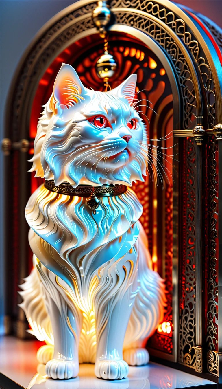 There is no one, realistic photo, realism, Persian (persian)) cat, future oriented, metal decoration, Shining red light inside, hollow interior, Polish, ray tracing, perfect composition, intricate details, Very sharp, masterpiece, profile, high resolution