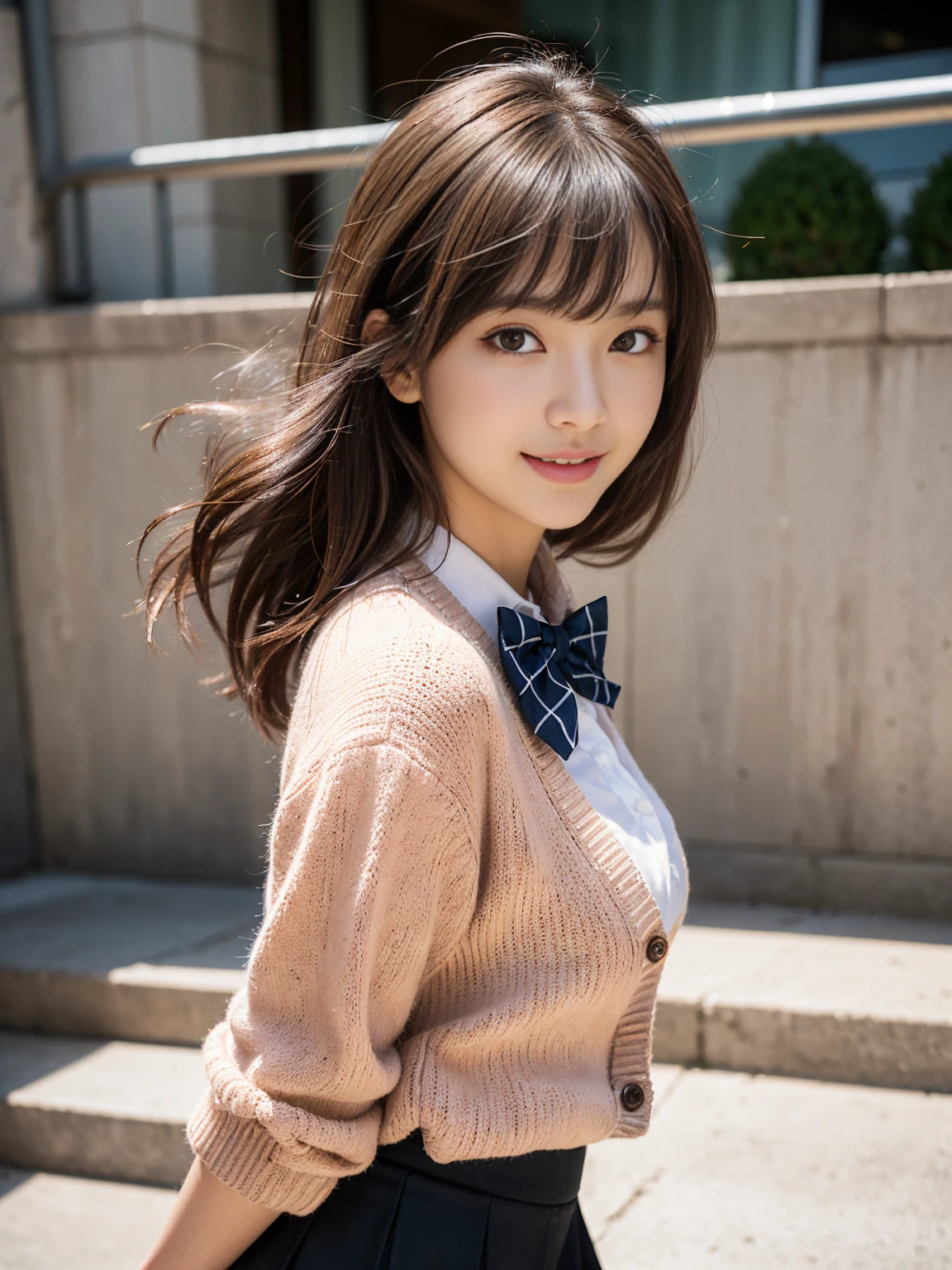 ((Tabletop, Highest quality, High resolution, nffsw, Pixel perfect, 4K, nffsw, nffsw))), One girl, single, alone, Beauty、I could see the whole body、 ((Mid-wave hair, bangs, Brown Hair)), ((Brown eyes, Beautiful eyelashes, Realistic eyes)), ((Detailed face, blush:1.2)), ((Smooth texture:0.75, Realistic texture:0.65, Realistic:1.1, Anime CG Style)), Medium breast, Dynamic Angle, Perfect body, ((Red bow tie, , Brown cardigan, White shirt, Black Skirt, Checkered Skirt)), City Stairs、Angle looking up from the bottom of the stairs、Very embarrassing panic smile, looked back、Leaning forward、(The wind blew her skirt up, exposing her buttocks.!!!、Touch your buttocks with both hands,Thick black pantyhose、)、
