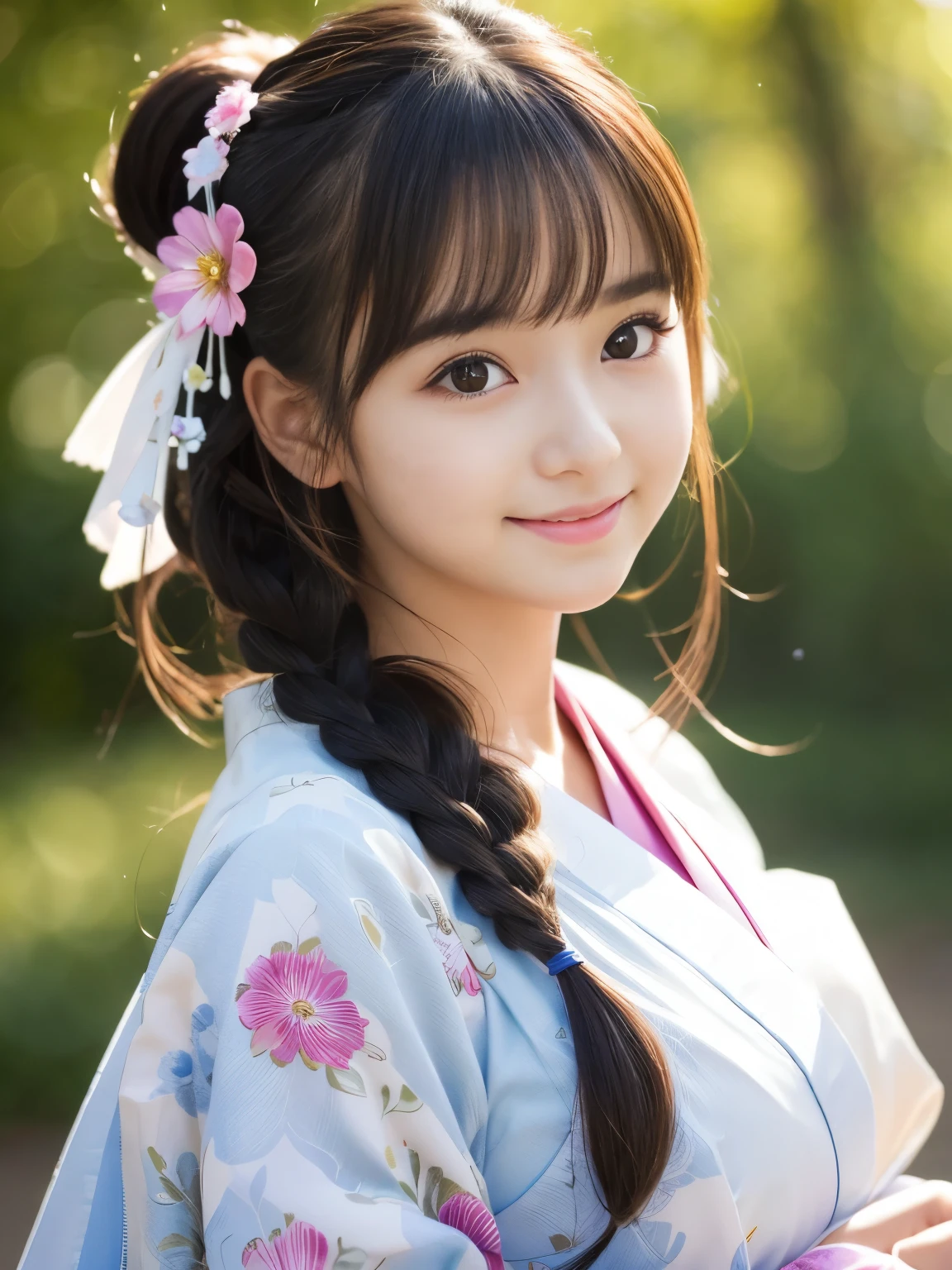 (Best-quality, Masterpiece, Ultra-High-Resolution, (Photorealistic:1.4), Raw Photo, depth of field, professional lighting, perfect anatomy, extremely details), 1girl, 15-years-old, the most famous Japanese idol, wearing Japanese-KIMONO with summer-design, using folding-fan with cute-design, (extremely cute face, ((extremely cute big-eyes)), extremely cute hair, extremely beautiful skins), extremely cute long-eyelashes, extremely cute lips, looking at viewer, innocent smile