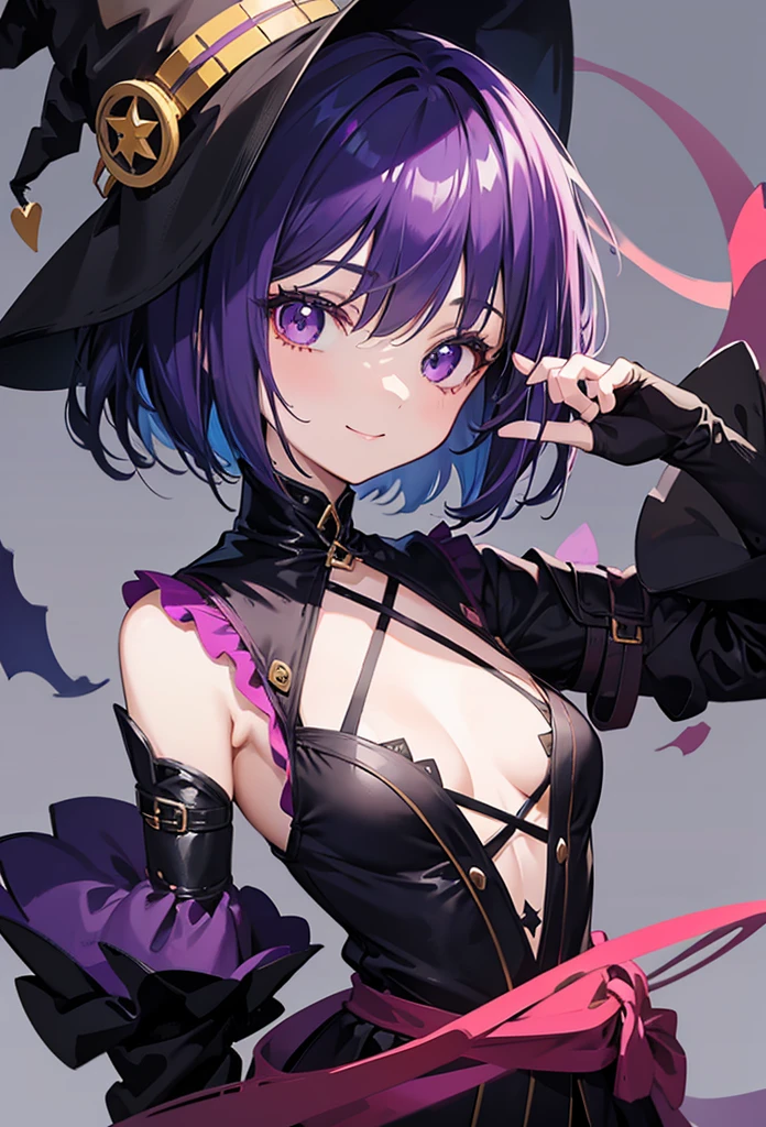 Witch Costume, Anime style portrait of a girl with a deep purple bob cut looking into the camera, Bright Eyes, , smile, Minimalistic backgrounds that emphasize characters, High Contrast, Clean Lines, Digital Painting, Vibrant colors