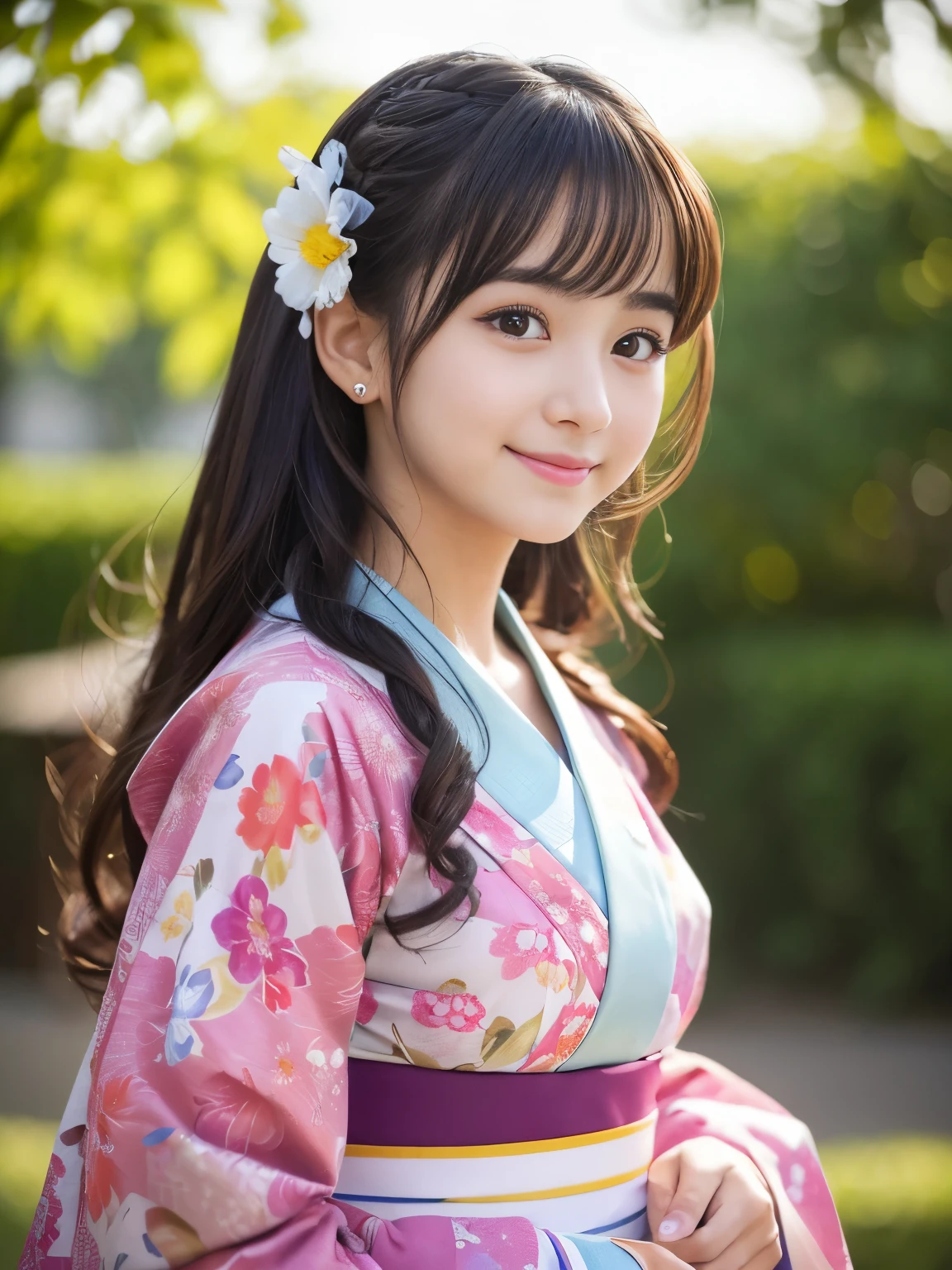 (Best-quality, Masterpiece, Ultra-High-Resolution, (Photorealistic:1.4), Raw Photo, depth of field, professional lighting, perfect anatomy, extremely details), 1girl, -yeld, thost famous Japanese idol, wearing Japanese-KIMONO with summer-design, using folding-fan with cute-design, (extremely cute face, ((extremely cute big-eyes)), extremely cute hair, extremely beautiful skins), extremely cute long-eyelashes, extremely cute lips, looking at viewer, innocent smile