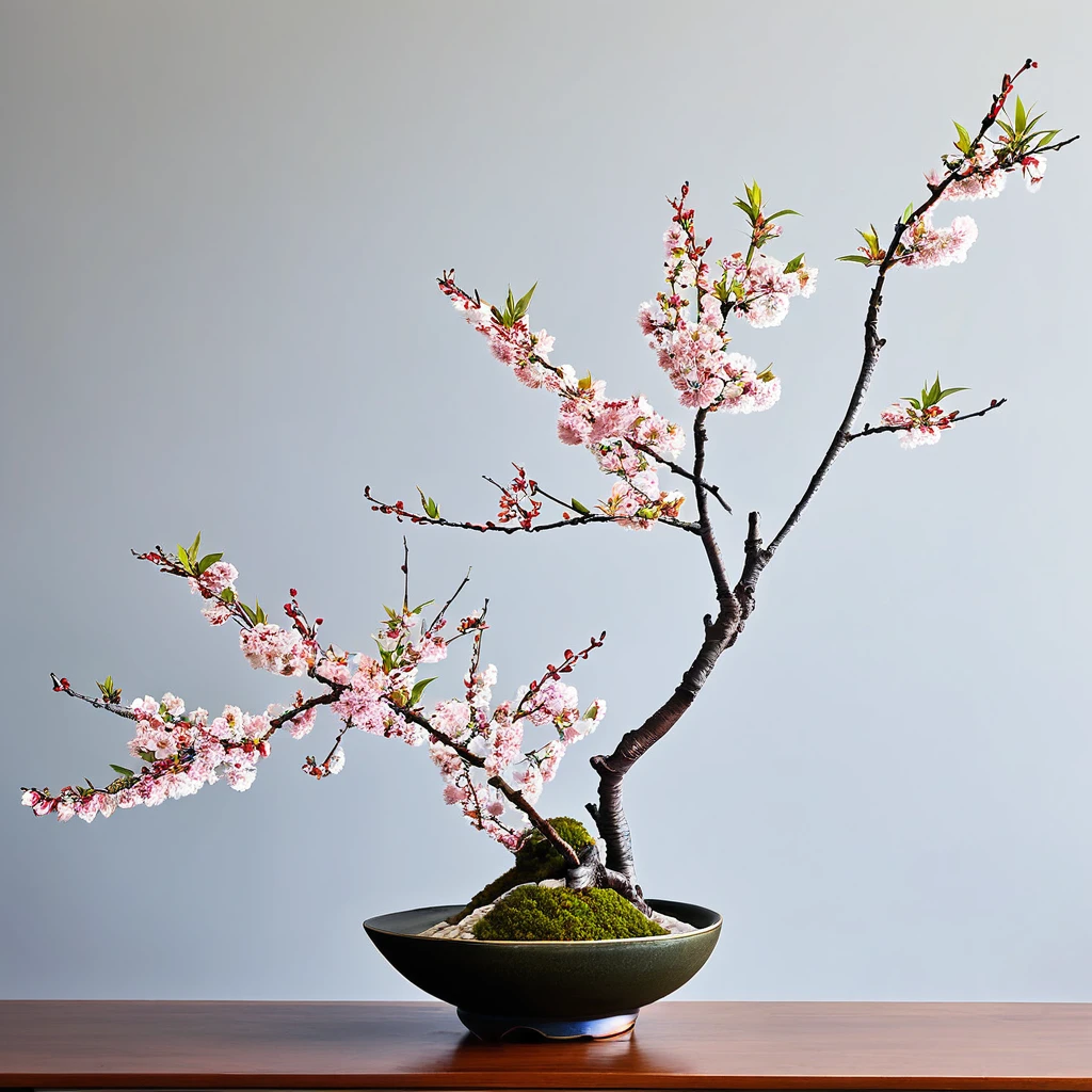 ikebana floral arrangement of cherry blossom flowers