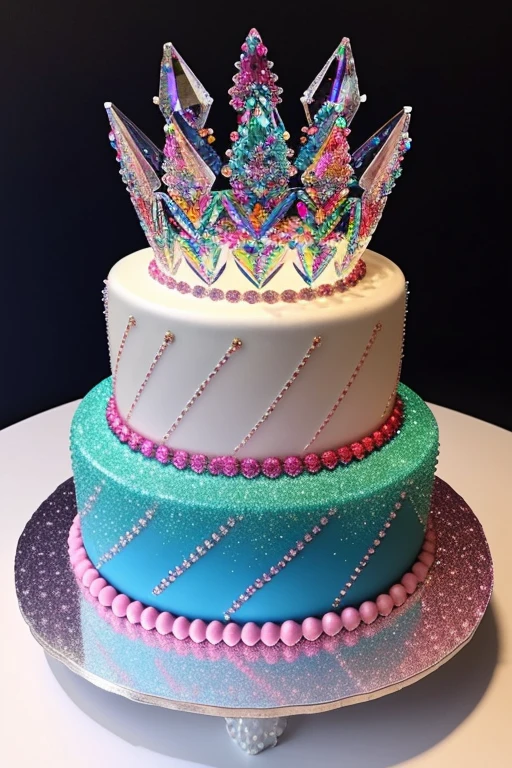 There is a cake with crystals of various colors on it., With a sparkling jewel on top, Made of sweets, Made of multicolored crystals, cake art, Everything is made of candy, intricate crystal jelly ornate, ❤、 Made of crystal, Encrusted with jewels, 8K)), cake sculpture, jelly - like texture、blue