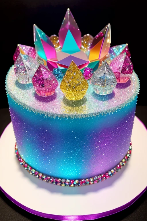 There is a cake with crystals of various colors on it., With a sparkling jewel on top, Made of sweets, Made of multicolored crystals, cake art, Everything is made of candy, intricate crystal jelly ornate, ❤、 Made of crystal, Encrusted with jewels, 8K)), cake sculpture, jelly - like texture、blue