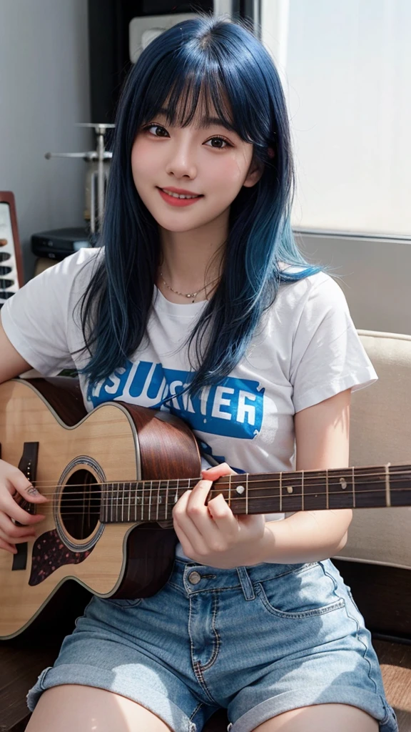 ((best quality)), photorealistic, photorealism, Photorealistic, high resolution, ((Wearing t shirt, short pants))、smile、A superb beauty、Super cute、ennui、Rare beauty、Very Short hair、Black Dark Eyeshadow、Sad、white skin、pale skin, Very short hair layered、Cute Makeup、Cute Smile、Fragrant beauty、Music studio background、Mastepiece、Best Quality、Refers to 5 books、Sweat glistening on my chest、Sweat glistening on my face、Medium breasts、Blue hair、Age 20 years old、Mysterious look、A sad expression、Blue Hair、Glamorous music studio、Sweating profusely all over the body、Plenty of sweat glistening on the thighs、A large amount of sweat glistens on my thighs、Sweating profusely、Gal、Medium breasts、Beautiful face、Alluring expression、Sitting、Sitting playing guitar、Thick thighs、Playing guitar、I have a guitar、Sing a song enthusiastically、Playing guitar in a band、Rock band、Playing guitar chords、Live House Background、Sing a song、Open your mouth、Live house scenery、Glamorous live stage、Dynamic Angle