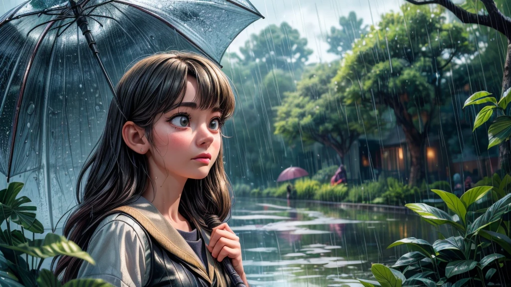 a young middle school girl walking home in the rainy season, discovering a family of frogs taking shelter from the rain, detailed facial features, beautiful detailed eyes, beautiful detailed lips, extremely detailed face, long eyelashes, school uniform, rainy day, umbrella, puddles, reflections, nature, lush greenery, mossy rocks, frog family, mother frog and baby frogs, (best quality,4k,8k,highres,masterpiece:1.2),ultra-detailed,(realistic,photorealistic,photo-realistic:1.37),cinematic lighting,moody atmosphere,muted color palette,rainy ambience,wet textures,atmospheric