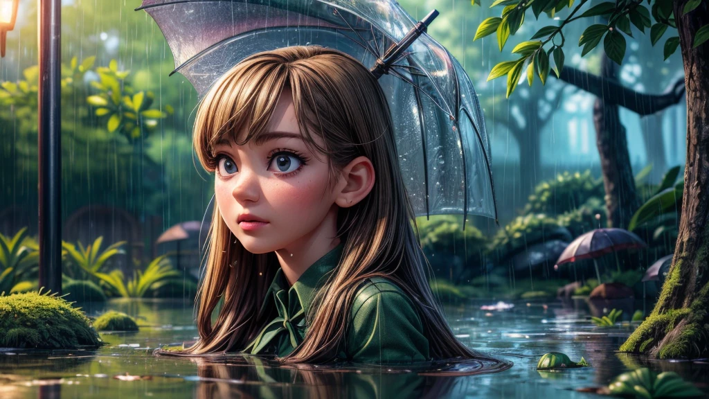 a young middle school girl walking home in the rainy season, discovering a family of frogs taking shelter from the rain, detailed facial features, beautiful detailed eyes, beautiful detailed lips, extremely detailed face, long eyelashes, school uniform, rainy day, umbrella, puddles, reflections, nature, lush greenery, mossy rocks, frog family, mother frog and baby frogs, (best quality,4k,8k,highres,masterpiece:1.2),ultra-detailed,(realistic,photorealistic,photo-realistic:1.37),cinematic lighting,moody atmosphere,muted color palette,rainy ambience,wet textures,atmospheric