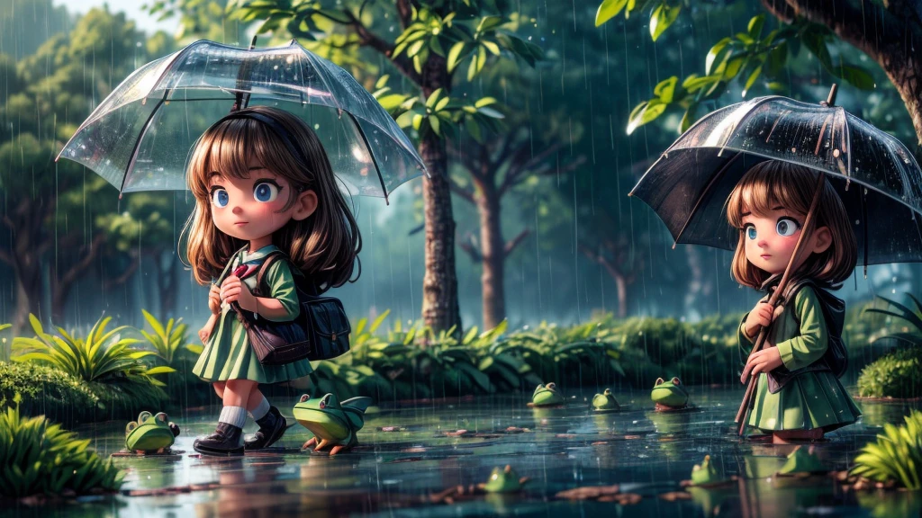 a young middle school girl walking home in the rainy season, discovering a family of frogs taking shelter from the rain, detailed facial features, beautiful detailed eyes, beautiful detailed lips, extremely detailed face, long eyelashes, school uniform, rainy day, umbrella, puddles, reflections, nature, lush greenery, mossy rocks, frog family, mother frog and baby frogs, (best quality,4k,8k,highres,masterpiece:1.2),ultra-detailed,(realistic,photorealistic,photo-realistic:1.37),cinematic lighting,moody atmosphere,muted color palette,rainy ambience,wet textures,atmospheric