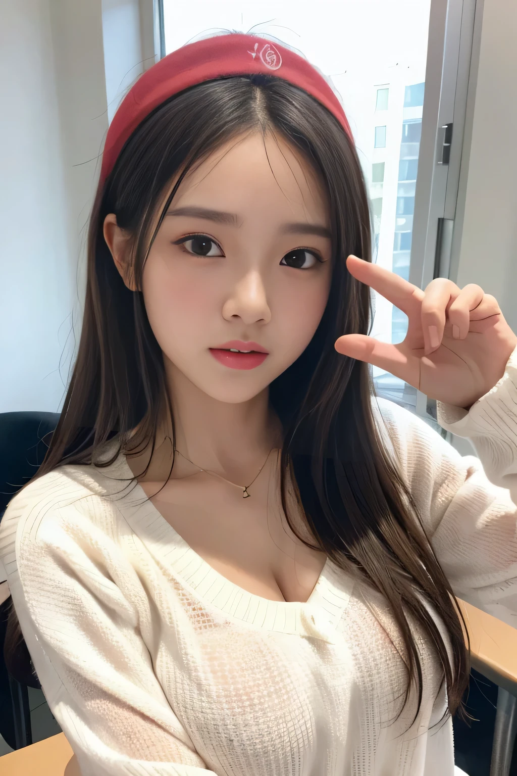 Random pose、highest quality、超A high resolution、(Photorealistic:1.5)、1 girl、White sweater、(Brown Hair:1.2)、(Big Breasts:1.2)、classroom、View your viewers、Close-up、Esbian all over、Bad Eyes、He is pointing at me angrily
