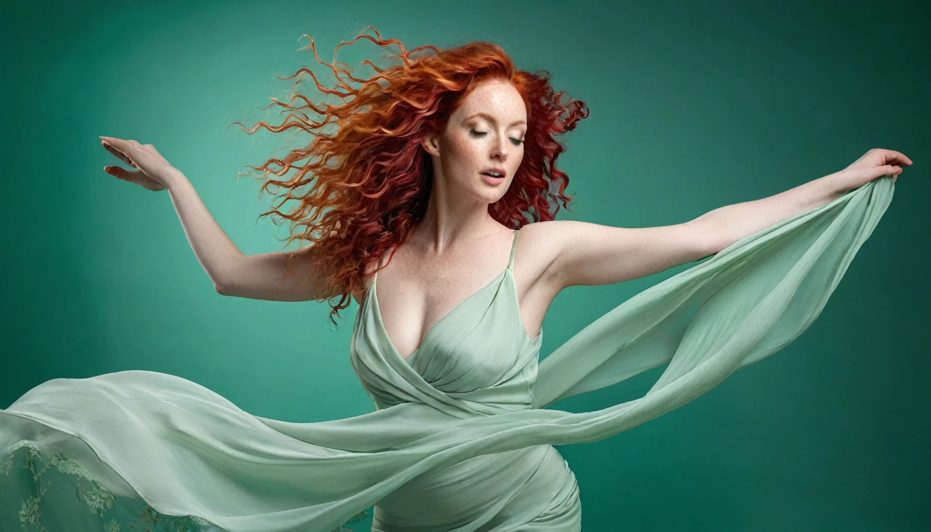 A stunning, high-realistic, studio photograph of a Irish woman in her early thirties with vibrant red curly hair that cascades down her shoulders, framing her delicate face adorned with freckles. Her pale skin . make-up, dancing . clothed only in intricately draped, flowing sea-green silk scarves, evoking a sense of elegance and grace. Captured in a monochromatic color palette, the black and white tone amplifies the textures and shadows, adding depth to the fluid, energetic movement of the subject. Soft, diffused lighting accentuates the woman's sinuous curves, as her slender limbs seem to blur in motion, exuding a sense of freedom and joy.