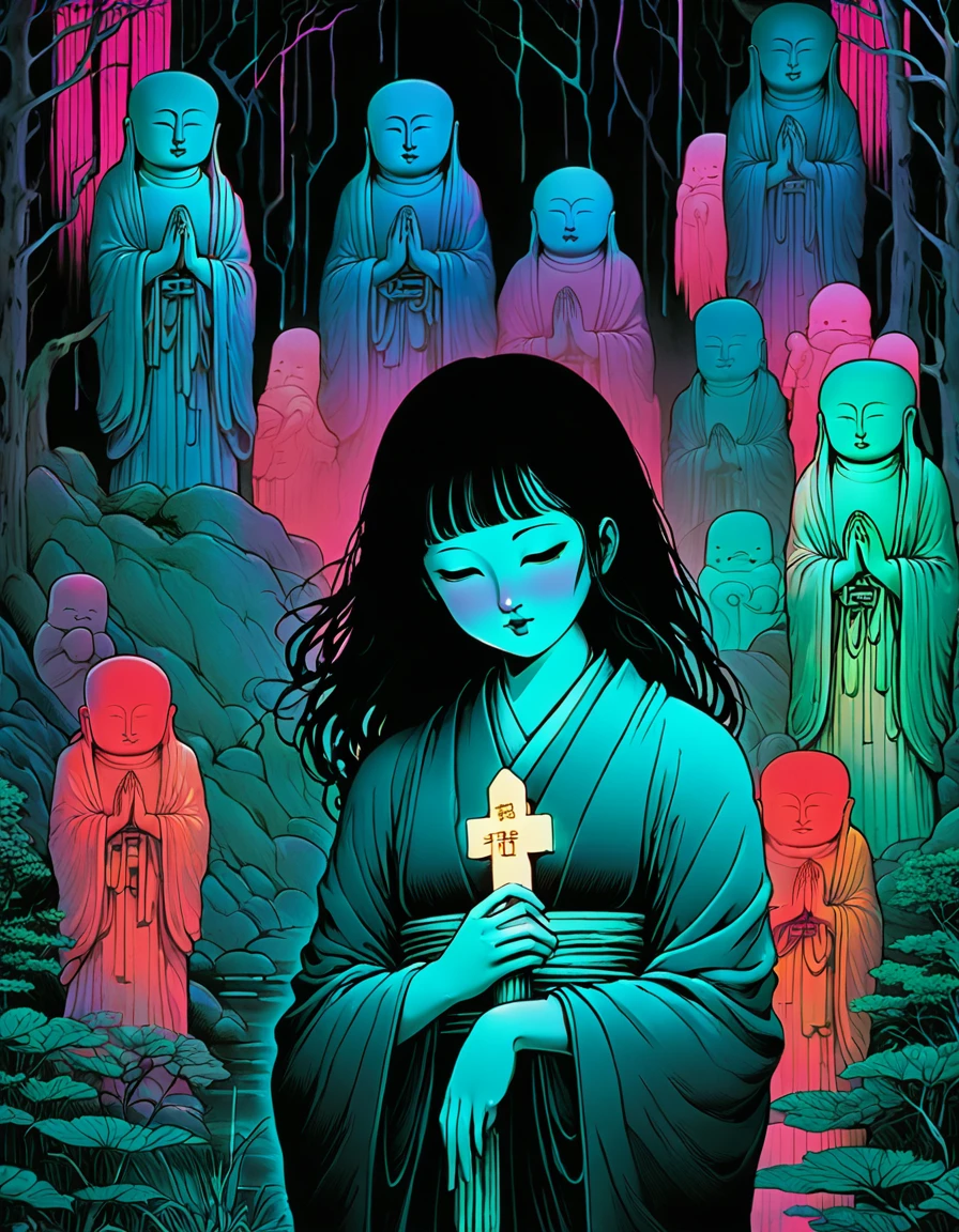 illust、art、from 80s horror movie, directed by Junji Ito、nightmare、nightmareの世界、high detail, realsitic shadow、Analog style, vhs style, 8mm film, chromatic aberration, Dvd screengrab、Surrealism、Complementary color gradient、Buddhist statue、Jizo、Jizo statue
