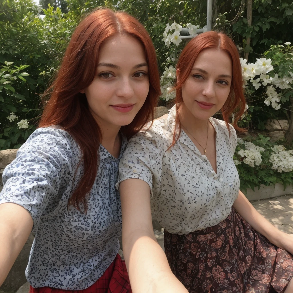 1 girl, solo, Caucasian, Old woman, mature, her name is Sophia, (mother), ((consistent face and image)), (((60 years old woman))), (((wrinkles))), ((long red hair)), ((fair skin)), ((round face)), ((short roman nose)), ((brown plump lips)), ((full body)), ((half body shot)), (((sexy and chubby body))), (((wearing skirt and printed blouse))), (inside Portugal house backyard), smirk, ((spring season)), (((selfie))), (((red hair)))