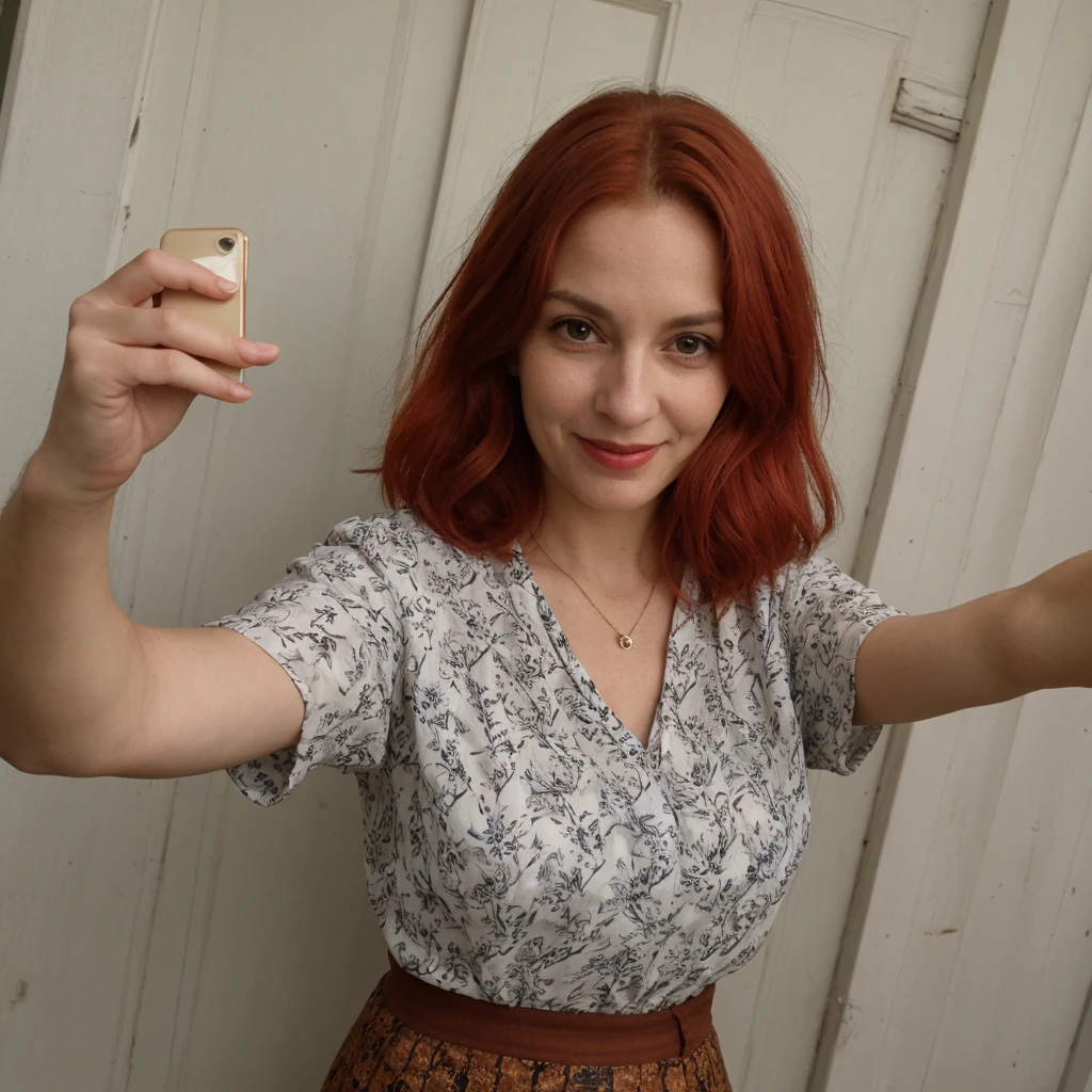 1 girl, solo, Caucasian, Old woman, mature, her name is Sophia, (mother), ((consistent face and image)), (((60 years old woman))), (((wrinkles))), ((long red hair)), ((fair skin)), ((round face)), ((short roman nose)), ((brown plump lips)), ((full body)), ((half body shot)), (((sexy and chubby body))), (((wearing skirt and printed blouse))), (inside Portugal house backyard), smirk, ((spring season)), (((selfie))), (((red hair)))
