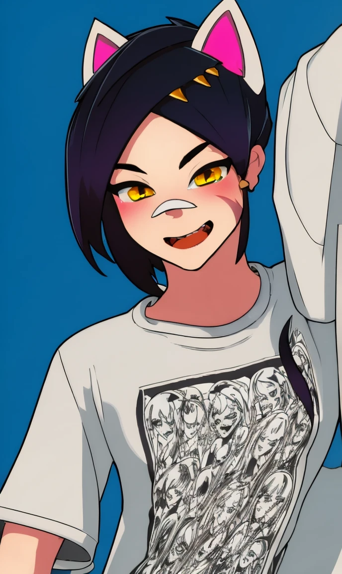 1 girl, Alone, wide, looking at the viewer, black fur, bandage on face, yellow eyes, animal ears, SMILE, bandage on nose, braid, cat ears, bandage, hits, old, fake animal ears, simple background, Open mouth, canine, , bare shoulders, SCAR, teeth, shirt, bare shoulders, white shirt, short sleeves, Closed mouth, t-shirt, hair over one eye, portrait, if, hair over the shoulder, Bermuda,