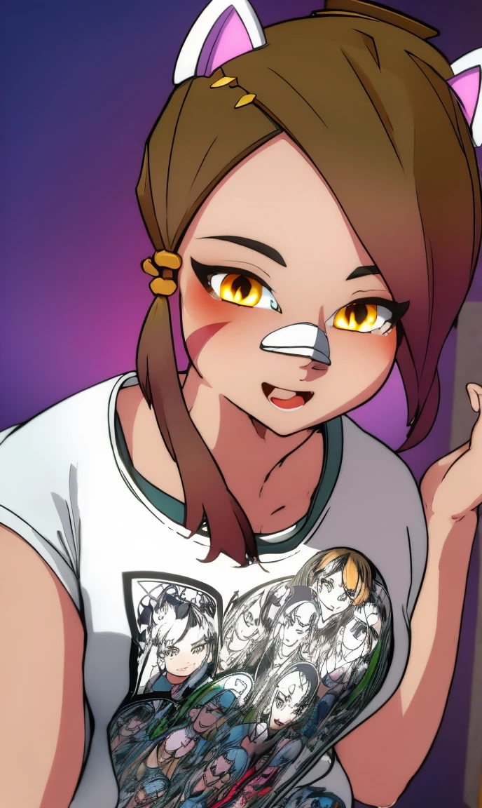 1 girl, Alone, wide, looking at the viewer, black fur, bandage on face, yellow eyes, animal ears, SMILE, bandage on nose, braid, cat ears, bandage, hits, old, fake animal ears, simple background, Open mouth, canine, , bare shoulders, SCAR, teeth, shirt, bare shoulders, white shirt, short sleeves, Closed mouth, t-shirt, hair over one eye, portrait, if, hair over the shoulder, Bermuda,