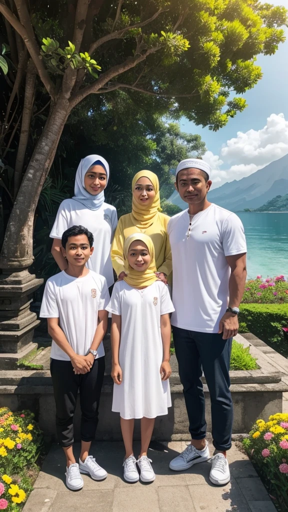 Create a friendly close-up photo style featuring an Indonesian MAN aged 40 and a MAN aged 16 with clean faces, a WOMAN aged 35 wearing a hijab, two WOMEN aged 23, and a WOMAN aged 20 wearing a hijab. They are all wearing new white t-shirts and white sneakers. They are standing side by side. The location is at Pura Ulun Danu Bratan Bali. The background details include a volcanic lake and flower garden, fresh colors, yellow lighting, realistic, 8k, HD.